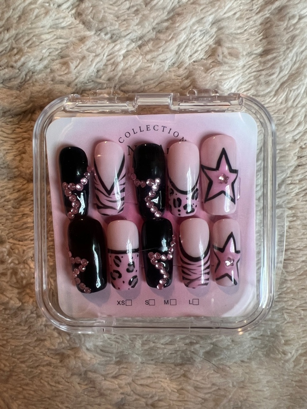 Pink and Black Rhinestone Press-On Nails - Star & Animal Print